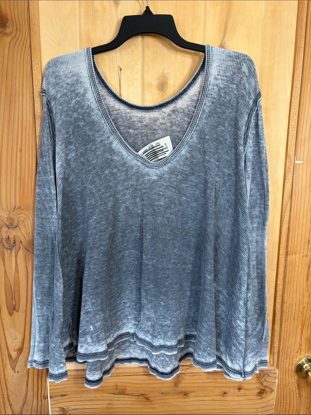 Free People Washed Gray Thermal V-Neck Women's Long Sleeve Top